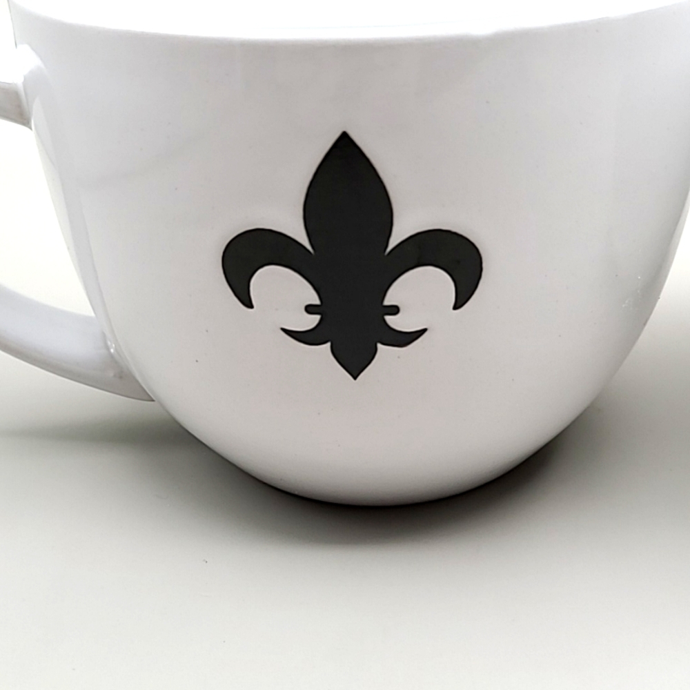 White Mugs with a Classic Black Fleur-de-lis, Set of 2 - Picture 2 of 6